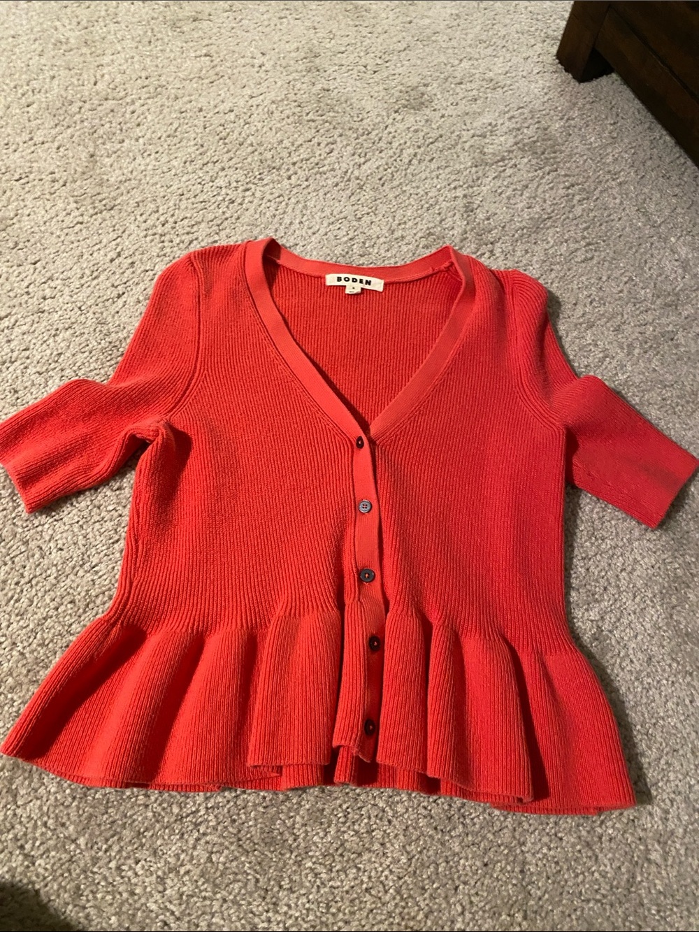 Boden Women’s Coral Red Peplum Button Cardigan